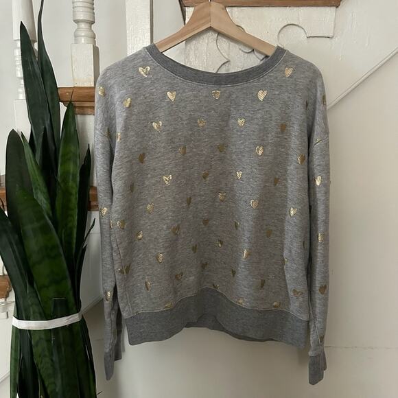 J.Crew Gray Gold Foil Heart Long Sleeve Crewneck Pullover Cotton Sweater Size S - Picture 4 of 5